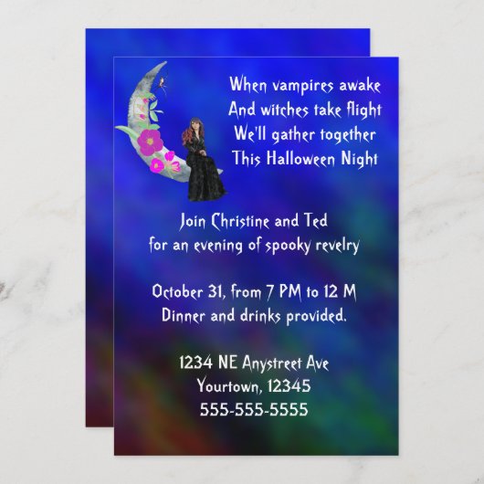 Hexe auf dem Mond mit Blume & Spider Halloween-Par Einladung (Vorne/Hinten)
