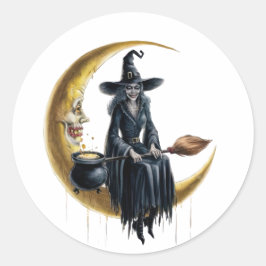 Hexe auf dem Mondsticker-Set Runder Aufkleber