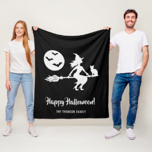 Hexe auf einem Besen Schwarz-Weiß Frohes Halloween Fleecedecke