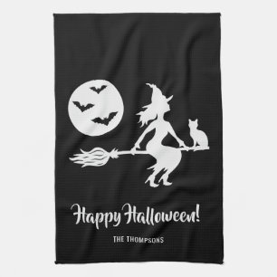 Hexe auf einem Besen Schwarz-Weiß Frohes Halloween Geschirrtuch