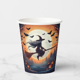 Hexe auf einem Broomstick im Mondschein mit Fleder Pappbecher