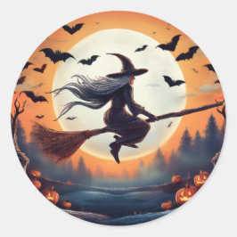 Hexe auf einem Broomstick im Mondschein mit Fleder Runder Aufkleber