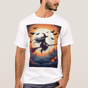 Hexe auf einem Broomstick im Mondschein mit Fleder T-Shirt