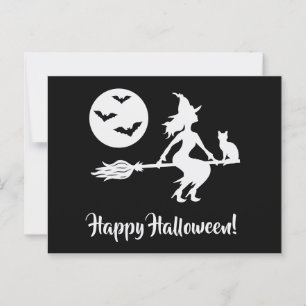 Hexe auf einem schwarzen und weißen Halloween Postkarte