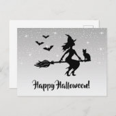 Hexe auf einem silbergrauen und schwarzen Hallowee Postkarte (Vorne/Hinten)