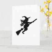 Hexe auf einer Besen-Silhouette Karte (Gelbe Blume)