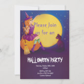 Hexe auf Kürbis mit KatzenHalloween-Party Einladung (Vorderseite)