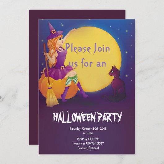 Hexe auf Kürbis mit KatzenHalloween-Party Einladung (Vorne/Hinten)