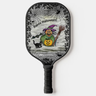 Hexe, Bat, Katze und Kürbis, glückliches Halloween Pickleball Schläger