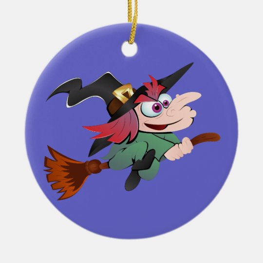 Hexe Besen witch broom Rundes Keramik Ornament