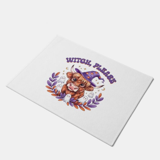 Hexe bitte Highland Cow Halloween Fußmatte (Schrägansicht)