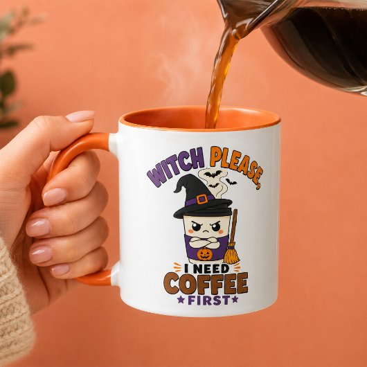 Hexe bitte, ich brauche erst Kaffee Orange Hallowe Tasse