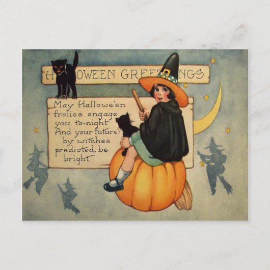 Hexe Black Cat Pumpkin Crescent Moon Postkarte (Vorderseite)