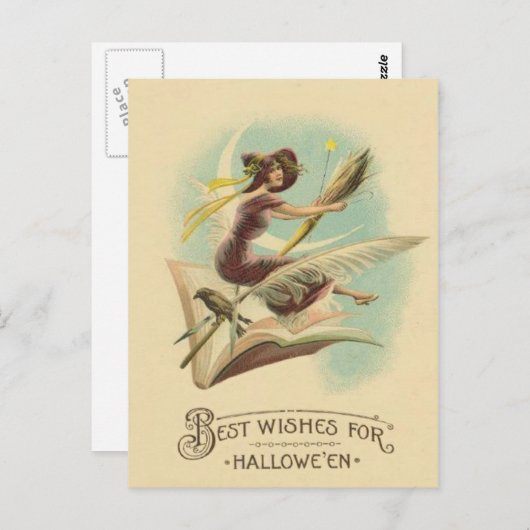 Hexe Broom Crescent Moon Book Raven Postkarte (Vorne/Hinten)