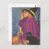 Hexe Broom Kürbislaterne Black Cat Trees Postkarte (Vorne/Hinten)