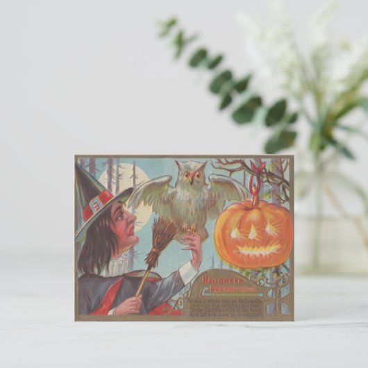 Hexe Broom Kürbislaterne Owl Moon Postkarte (Stehend Vorderseite)
