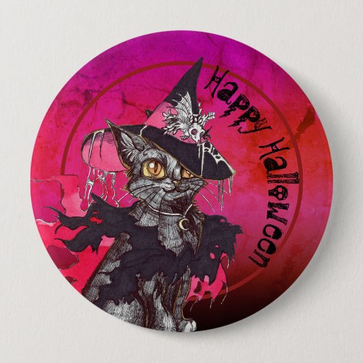 Hexe Cat Happy Halloween Button (Vorderseite)