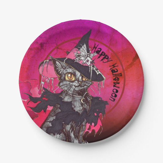 Hexe Cat Happy Halloween Pappteller (Vorderseite)