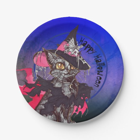Hexe Cat Happy Halloween Pappteller (Vorderseite)