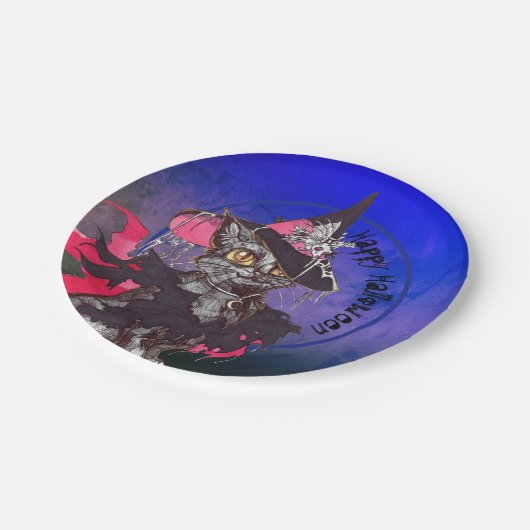 Hexe Cat Happy Halloween Pappteller (Schrägansicht)