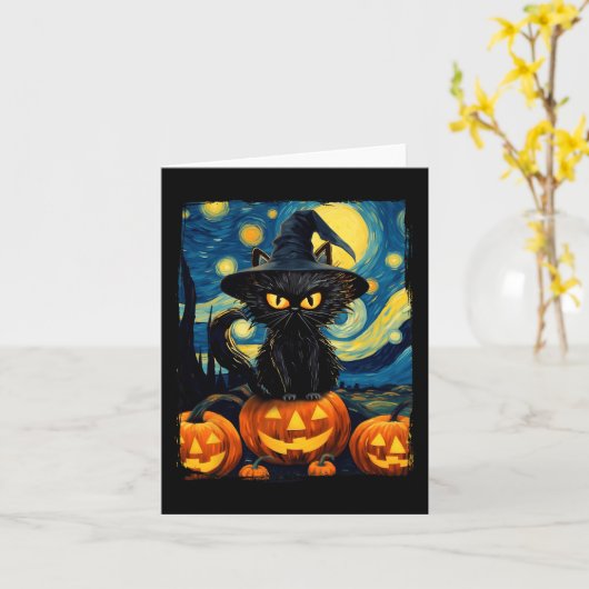 Hexe Cat Starry Night Van Gogh Retro Halloween Ca Karte (Gelbe Blume)