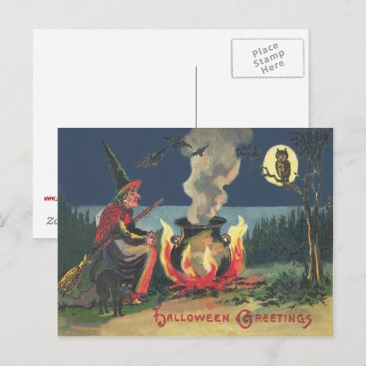 Hexe Cauldron Black Cat Bat Postkarte (Vorne/Hinten)