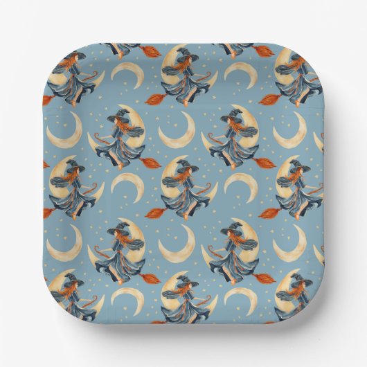 Hexe, die auf dem Mond fliegt Pappteller (Vorderseite)