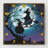 Hexe, die nachts unter Vollmond fliegt Quadratische Wanduhr (Vorderseite)