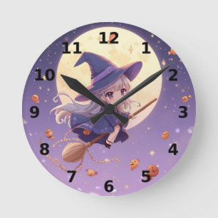 Hexe, die über die MondHalloween-Uhr fliegt Runde Wanduhr