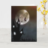 Hexe, die über Spuk HausHalloween-Karte fliegt Karte (Gelbe Blume)