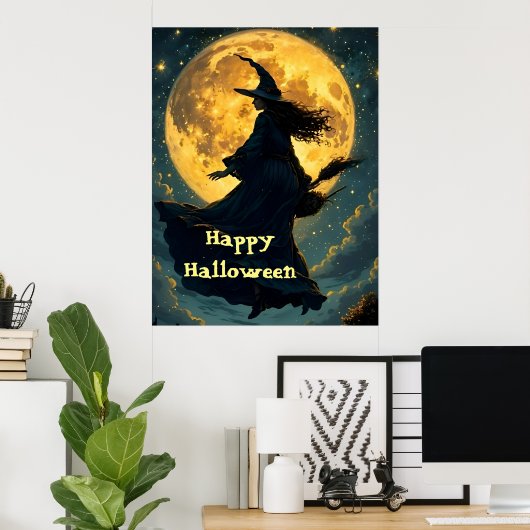Hexe, die über Vollmond-Halloween-Poster fliegt Poster (Heimbüro)