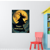 Hexe, die über Vollmond-Halloween-Poster fliegt Poster