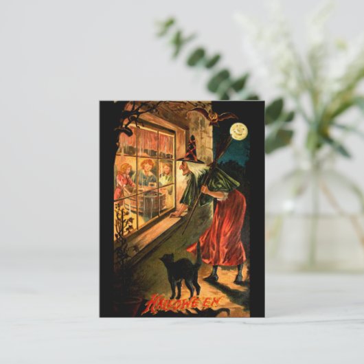Hexe durch Fenster schauen Postkarte (Stehend Vorderseite)