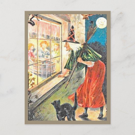 Hexe durch Fenster schmeißen - Vintages Halloween Postkarte (Vorderseite)