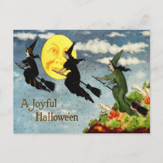Hexe-Fliegen-Besen-Mann im Mond-Himmel Postkarte