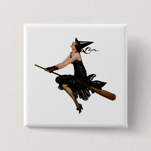 Hexe fliegt auf einem Broomstick Button