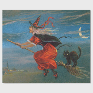 Hexe fliegt mit schwarzer Katze in der Halloween-N Geschenkpapier