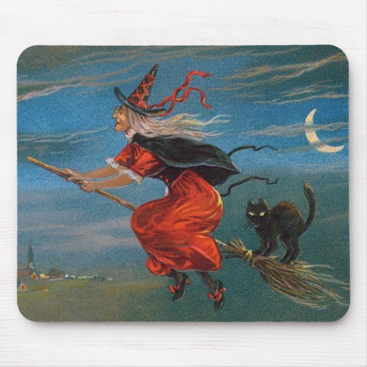 Hexe fliegt mit schwarzer Katze in der Halloween-N Mousepad (Vorne)