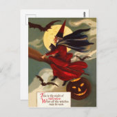 Hexe fliegt zu Halloween in ihrem Besen Postkarte (Vorne/Hinten)
