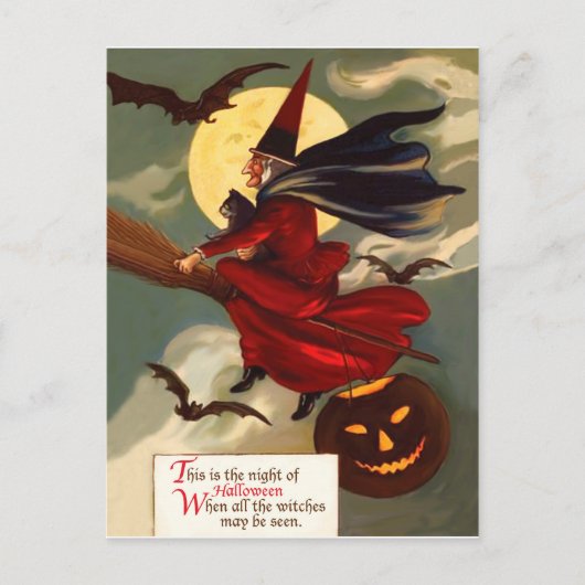 Hexe fliegt zu Halloween in ihrem Besen Postkarte (Vorderseite)
