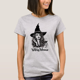 Hexe Frau, Schwarze Elegante Hexe mit Wein T-Shirt