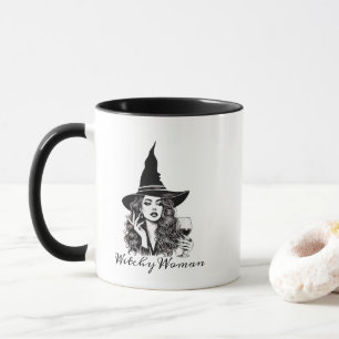 Hexe Frau, Schwarze Elegante Hexe mit Wein Tasse