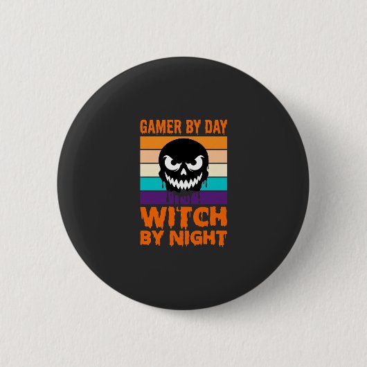 Hexe-Gamer Halloween Retro-Totenkopf Button (Vorderseite)