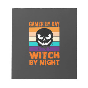 Hexe-Gamer Halloween Retro-Totenkopf Notizblock