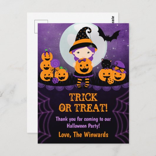 Hexe Girl Pumpkins Halloween-Party Vielen Dank Postkarte (Vorne/Hinten)