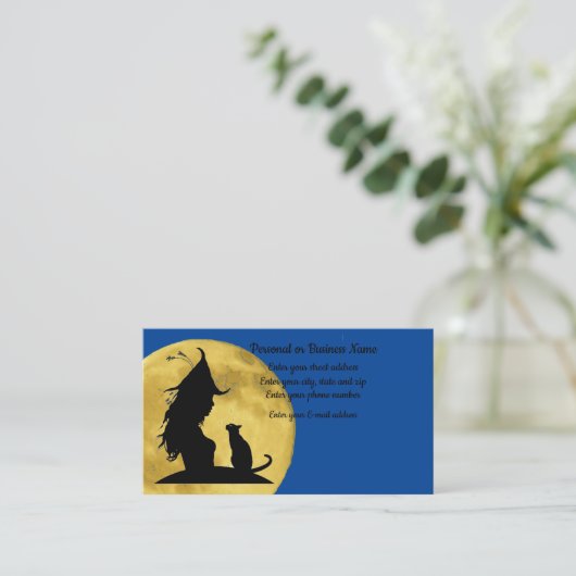 Hexe grüßt schwarze Katze Silhouette Vollmond Visitenkarte (Stehend Vorderseite)