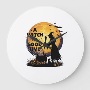 Hexe Gute Zeit Halloween Mond Kessel_1 Große Wanduhr