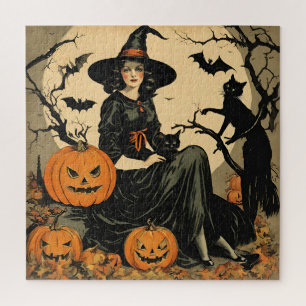 Hexe Halloween Vintage, Kürbis, schwarze Katze, Fl Puzzle