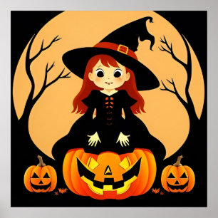 Hexe im Halloween-Setting mit Kürbissen Poster