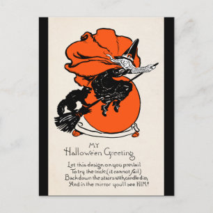 Hexe im Vintage-Look schwarze Katze Gruß Postkarte